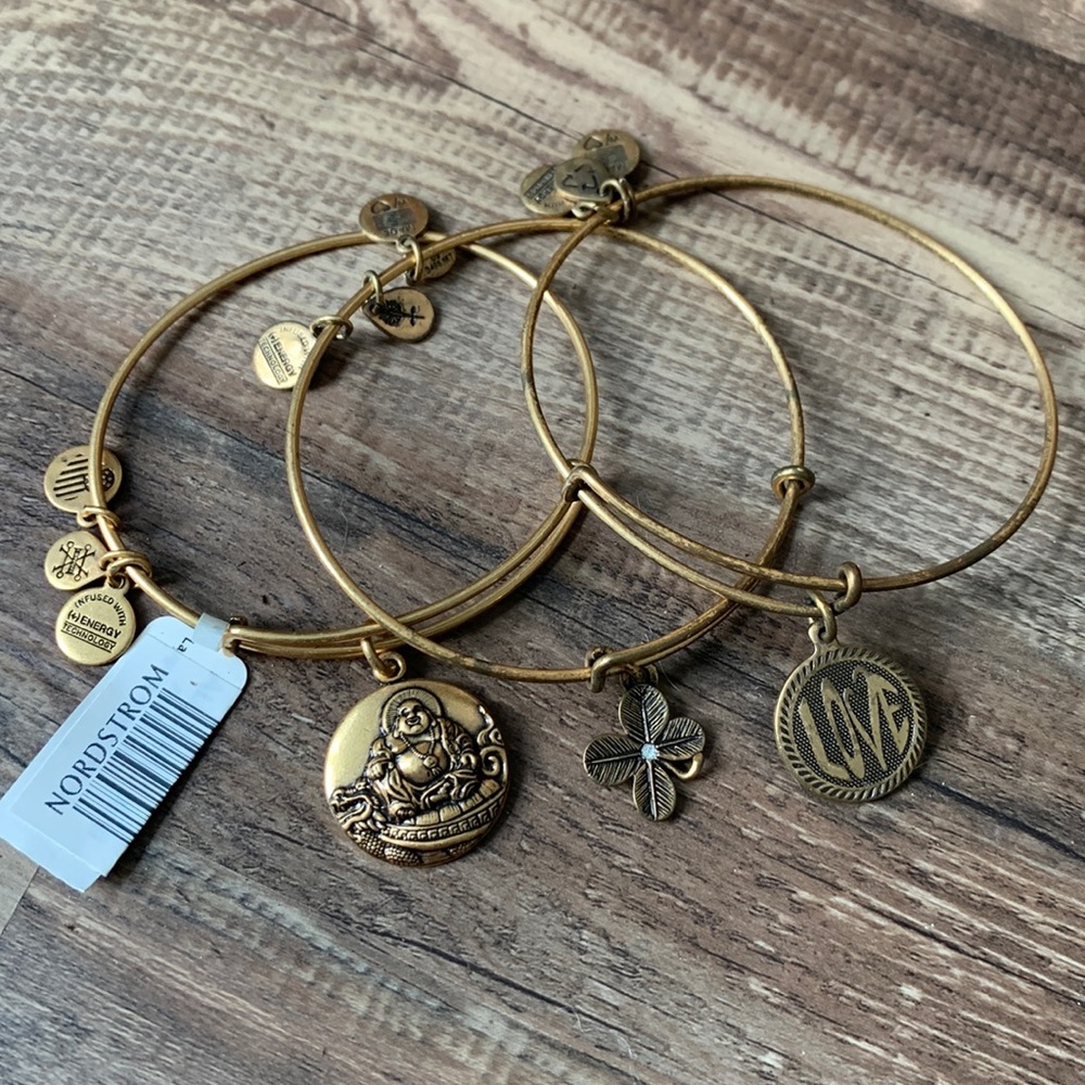 Assorted Alex and Ani Bangle Bracelets - Buddha, 4 Leaf Clover, Love